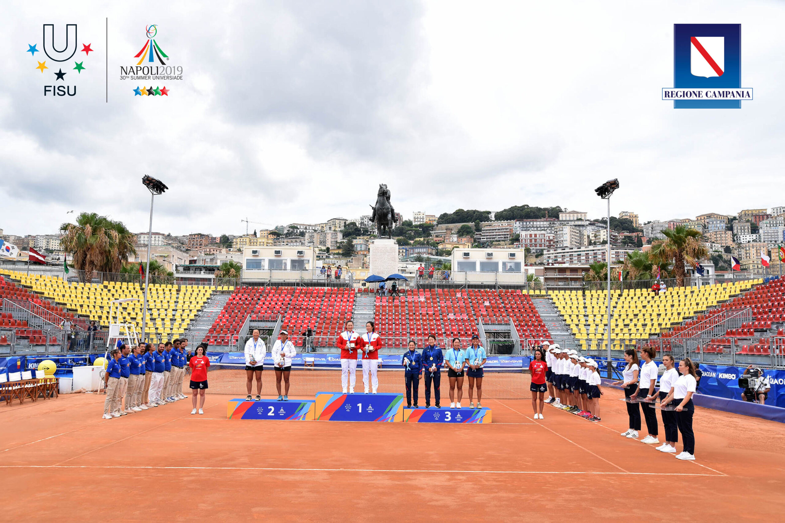 NAPOLI; 12 LUGLIO 2019; TENNIS CLUB NAPOLI; FINALE DOPPIO FEMMINILE PREMIAZIONI 1 CLASSIFICATA CHINA 2 TAIPEI 3 A PARI MERITO JAPAN E HONG KONG;PHOTO POOL FOTOGRAFI UNIVERSIADE NAPOLI 2019